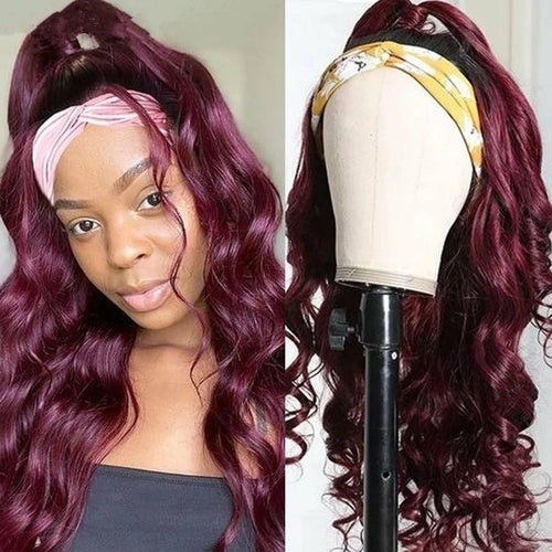 Perruque Headband Cheveux Naturels Bordeaux #99J – Body Wave, Sans Colle, Facile à Porter
