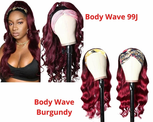 Perruque Headband Cheveux Naturels Bordeaux #99J – Body Wave, Sans Colle, Facile à Porter