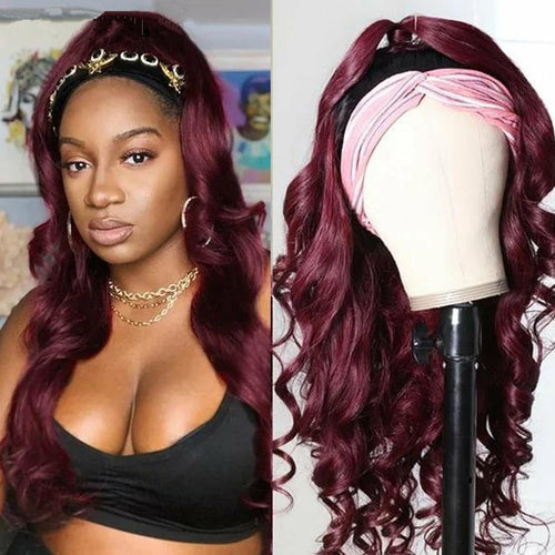 Perruque Headband Cheveux Naturels Bordeaux #99J – Body Wave, Sans Colle, Facile à Porter