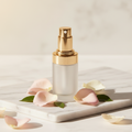 Flacon de sérum visage élégant sur marbre blanc avec pétales de rose