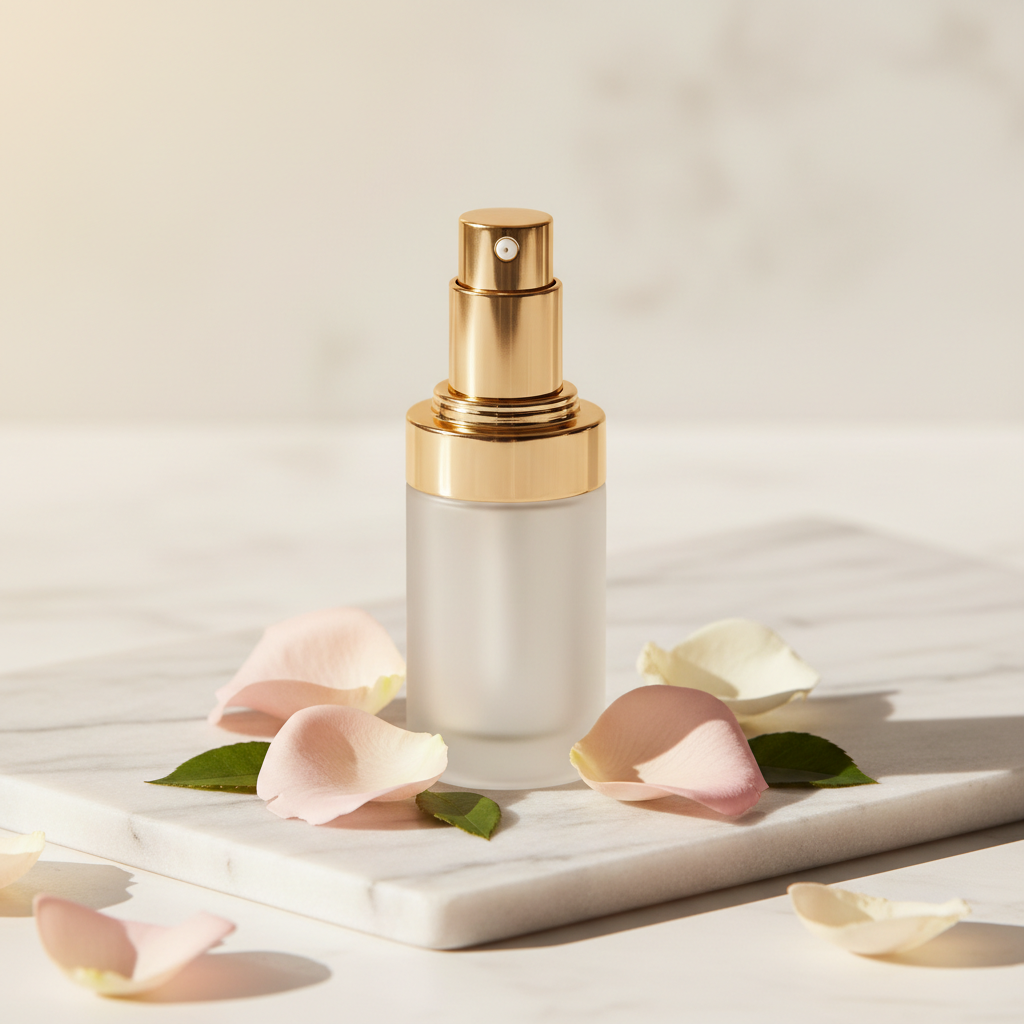 Flacon de sérum visage élégant sur marbre blanc avec pétales de rose