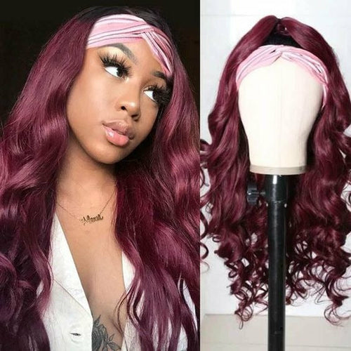 Perruque Headband Cheveux Naturels Bordeaux #99J – Body Wave, Sans Colle, Facile à Porter