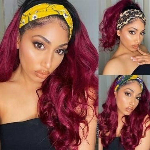 Perruque Headband Cheveux Naturels Bordeaux #99J – Body Wave, Sans Colle, Facile à Porter